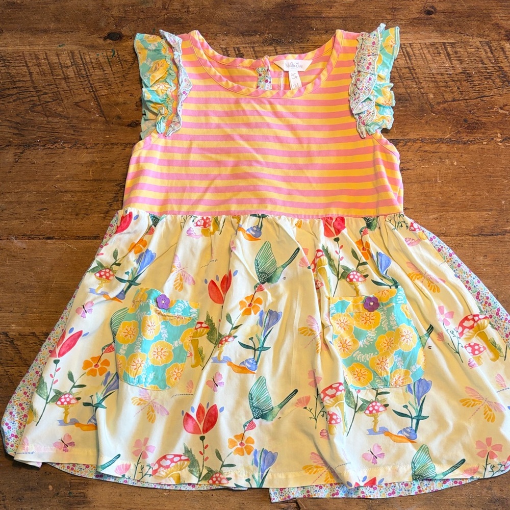 Matilda Jane Yellow Floral & Pink Stripe Ruffle Sleeve Top size 12